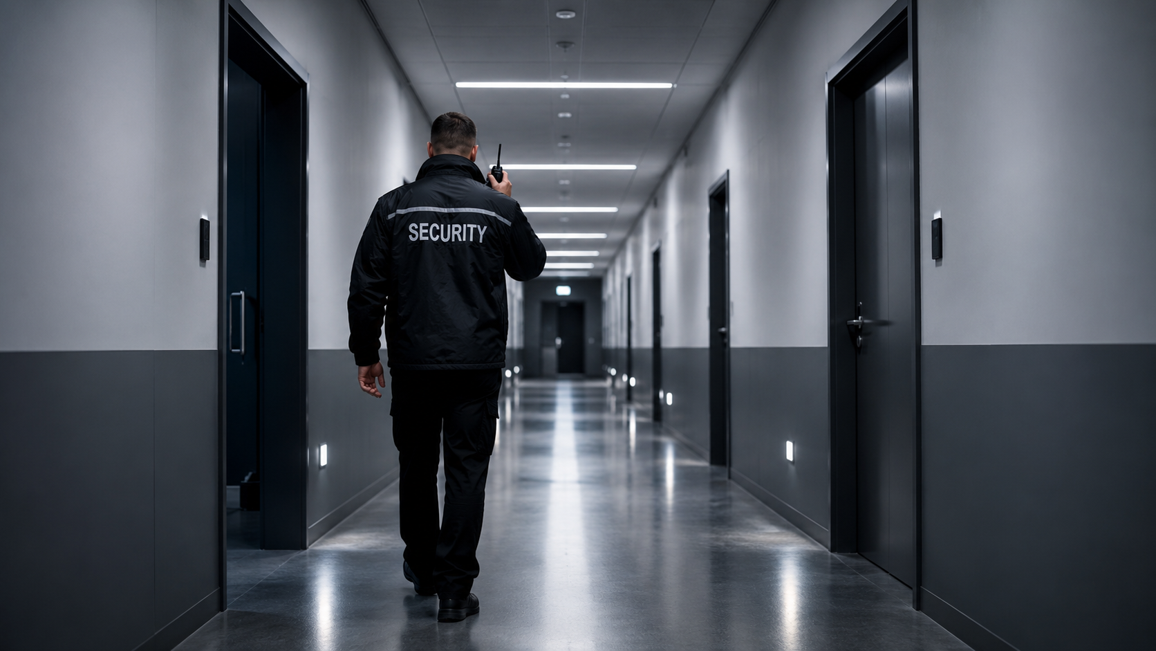 Objectbeveiliger tijdens controleronde in een bedrijfspand